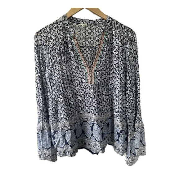 En Creme Beaded V Neck Long Bell Sleeve Bohemian Peasant Prairie Floral Blouse M - Picture 1 of 8